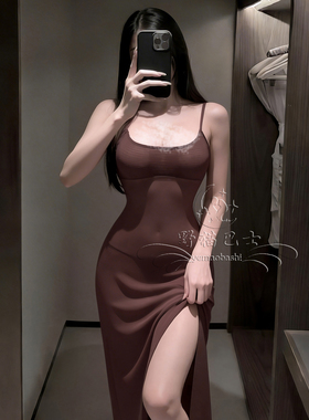 身姿缠绵~性感吊带透视薄纱显身材睡裙女纯欲开衩长裙御姐家居服