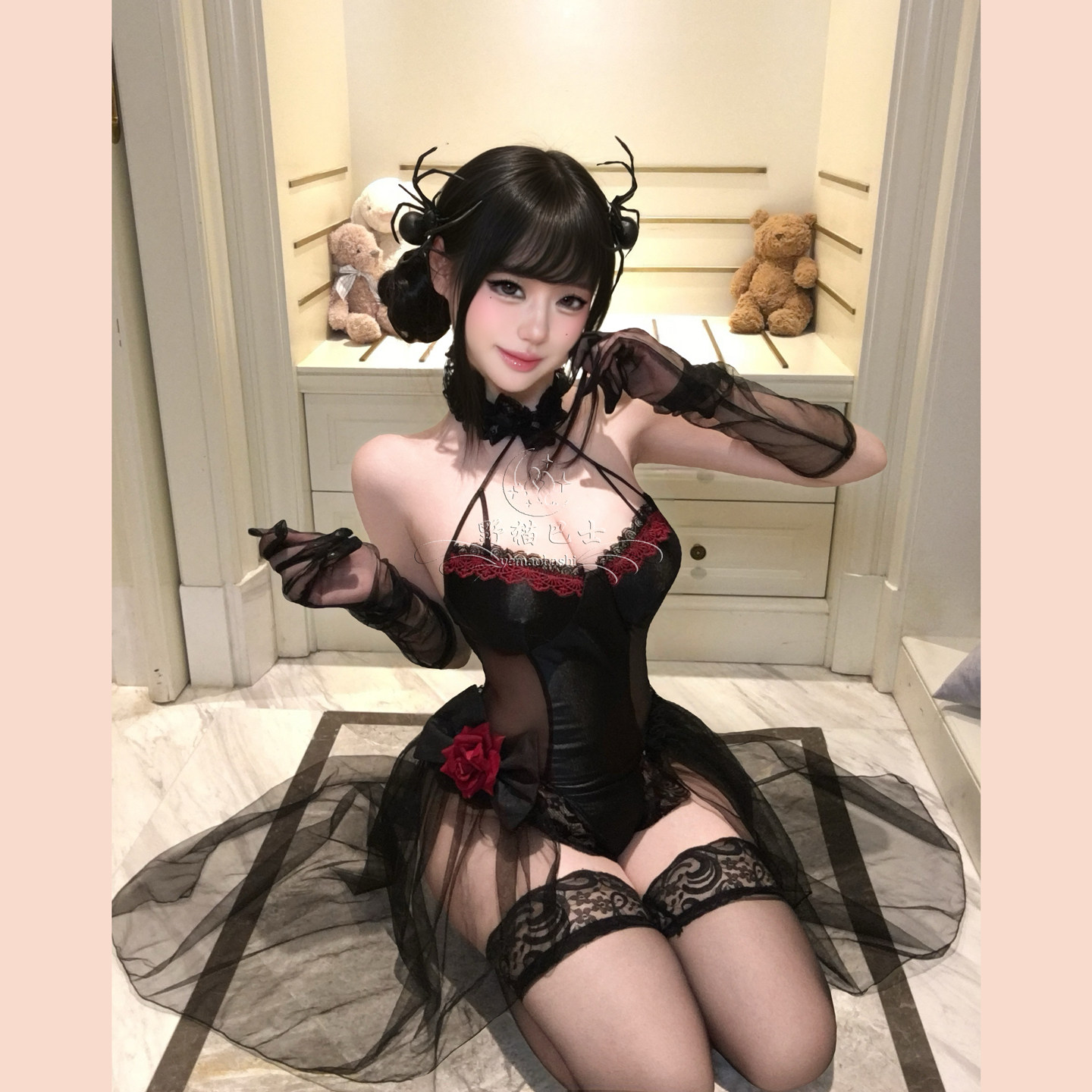 性感万圣节蜘蛛娘挂脖连体肚兜蓬蓬裙女镂空高级感约会内衣套装