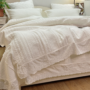 高端韩国巴厘纱砂洗纯棉床盖三件套四件套绗缝被套蕾丝边夹棉床单