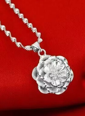 银色立体玫瑰花吊坠项链
