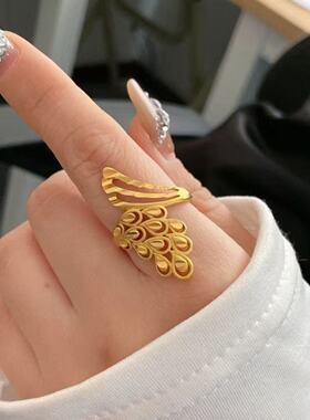 新款金色凤凰羽毛戒指