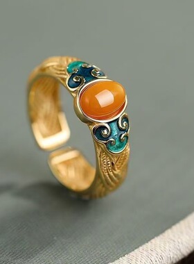 蓝色祥云蜜蜡镀金男戒