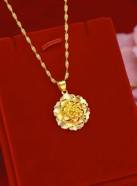越南沙金牡丹花挂坠项链女款久不掉色富贵花开花朵吊坠项坠锁骨链
