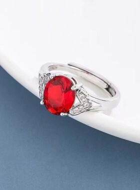 圆红宝石银色情侣活口戒指