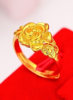 越南沙金镀金玫瑰花钻石女戒