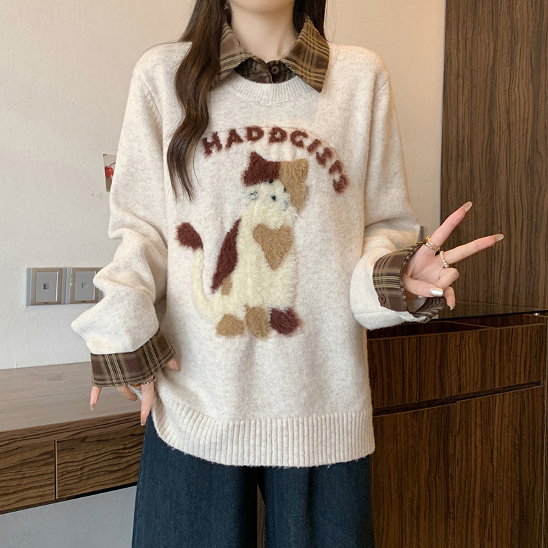 麋鹿少女2025冬新款胖mm大码女休闲减龄绣花小猫假两件针织长袖