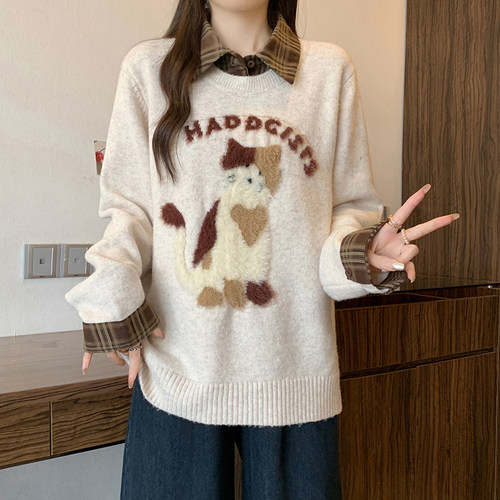 麋鹿少女2025冬新款胖mm大码女休闲减龄绣花小猫假两件针织长袖