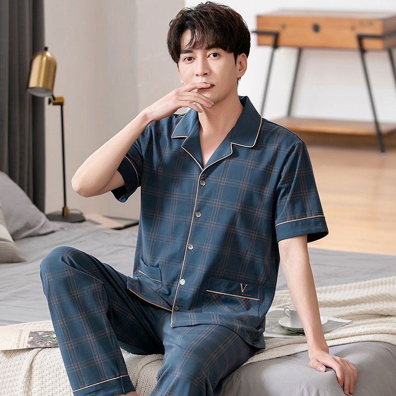男士睡衣青少年纯棉短袖夏款开衫青中年韩版家居服可外穿睡衣套装