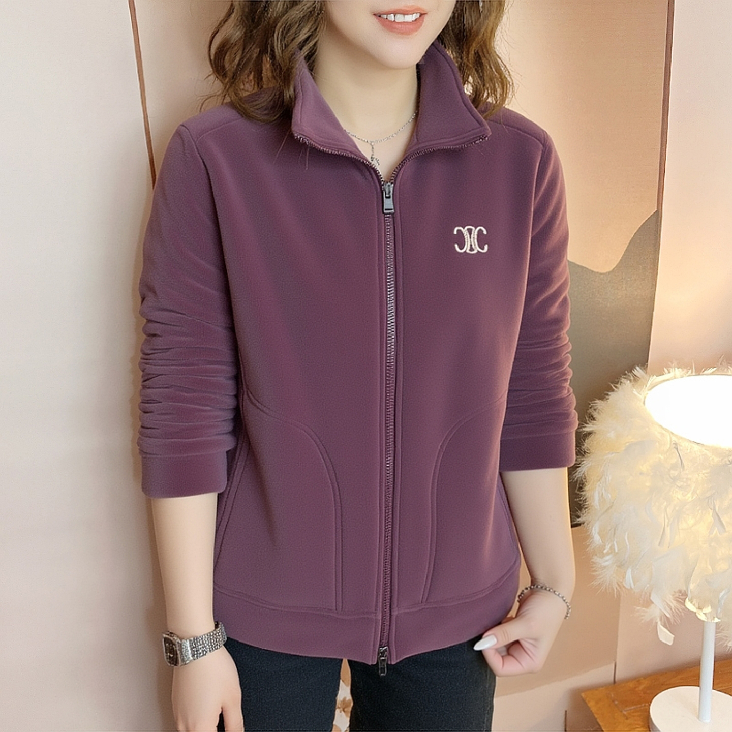 秋冬女士休闲妈妈装立领拉链加绒加厚保暖外套中老年摇粒绒夹克女