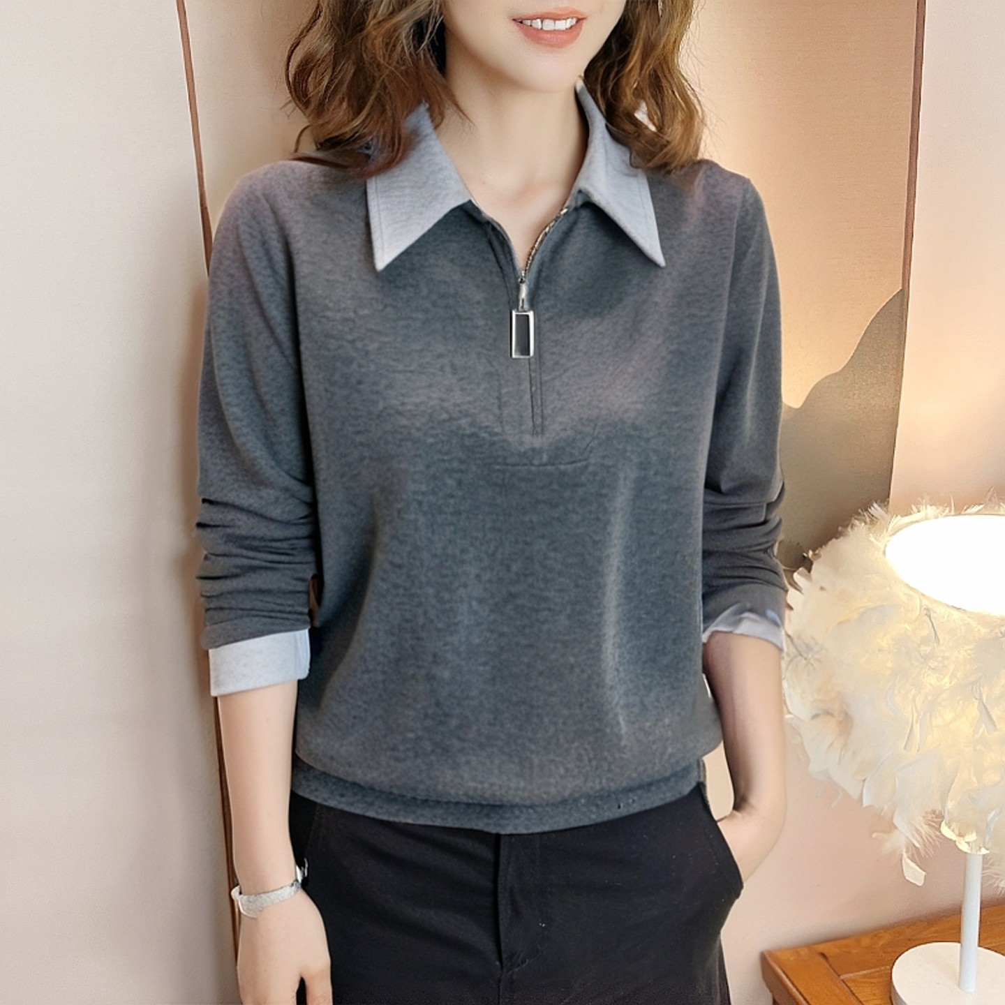 秋季新款女士中老年妈妈装条纹POLO领拼接半拉链直筒休闲T恤上衣