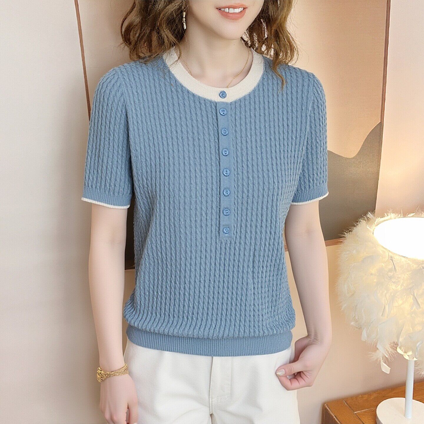 时尚休闲简约圆领短袖薄款针织衫T恤女夏拼色纽扣高弹力麻花上衣