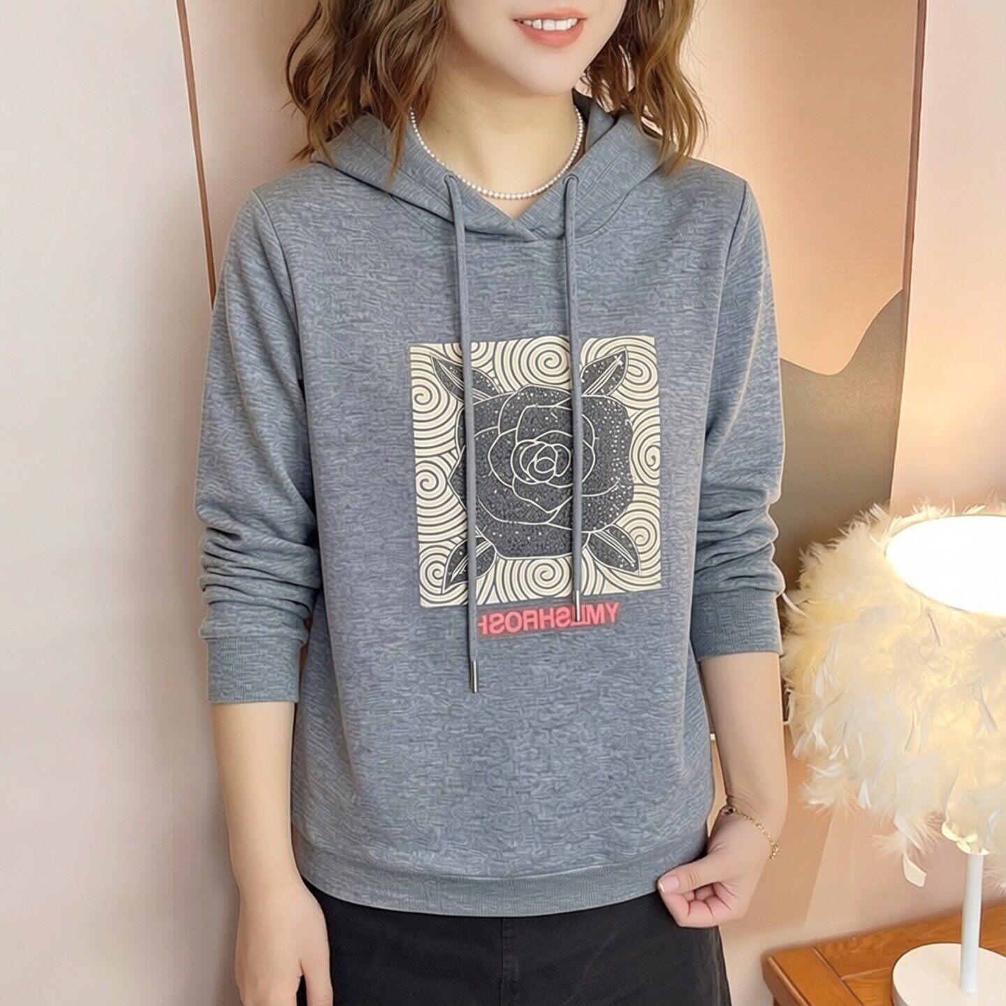 休闲直筒连帽卫衣女春减龄百搭连帽抽绳印花中老年妈妈装套头T恤