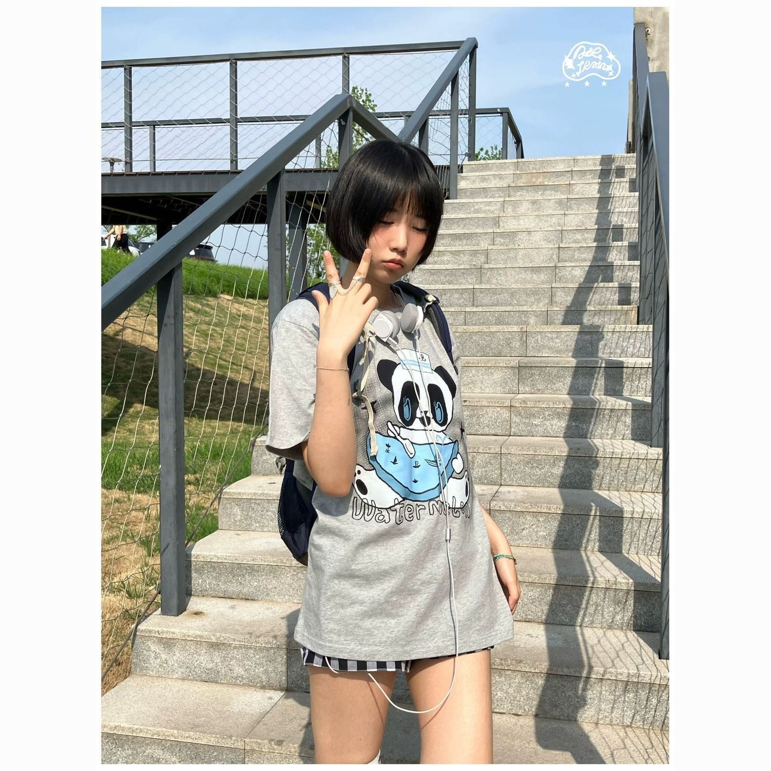 日系亚文化可爱熊猫西瓜印花短袖T恤