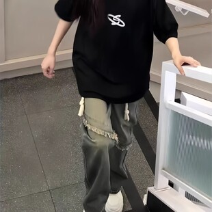 美式黑色纯棉短袖t恤女夏装2026初中高中学生宽松oversize上衣服