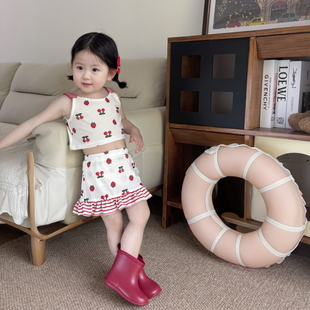 草莓樱桃印花套装 儿童新款 公主风甜美潮 宝宝夏季 女童分体泳衣套装