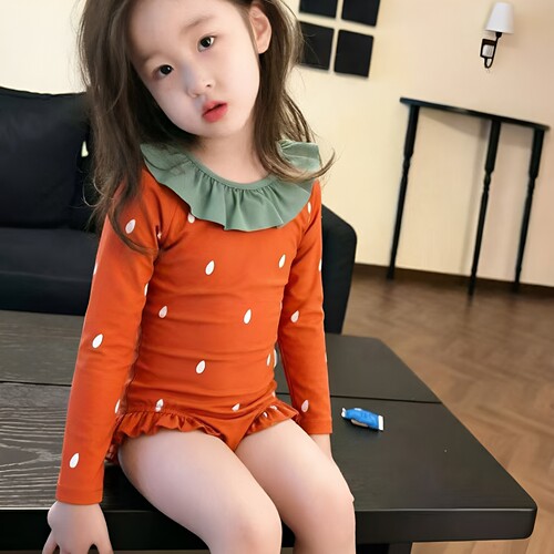 女童长袖连体防晒波点荷叶边泳衣