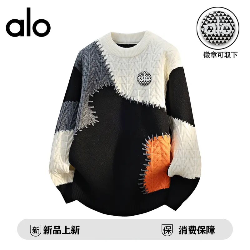 官方奥特莱斯】alo潮牌 秋季圆领毛衣男休闲宽松毛线衣拼色针织衫