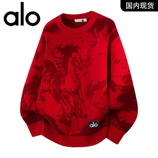 官方奥特莱斯2026马年红色提花圆领毛衣男款春秋冬设计感针织衫