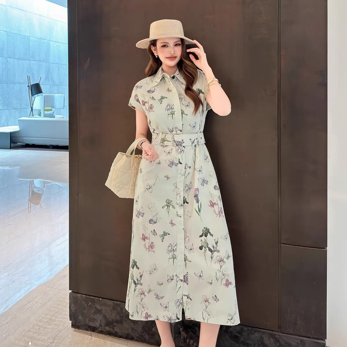 翻领短袖花朵印花连衣裙女收腰显瘦长款气质中长款裙子