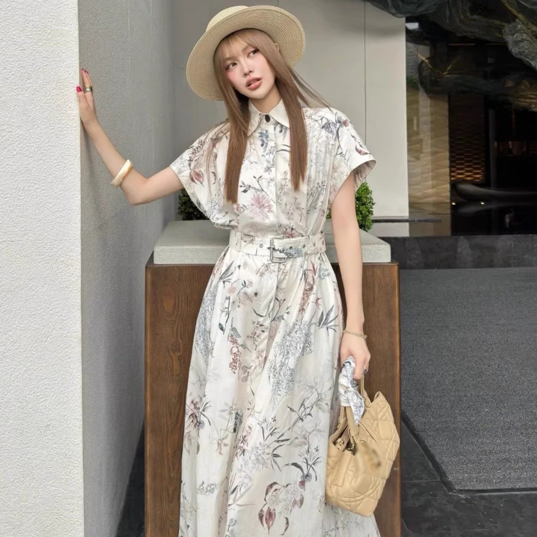 夏新款蜜蜂刺绣翻领短袖单排扣衬衫连衣裙女棉印花配腰带