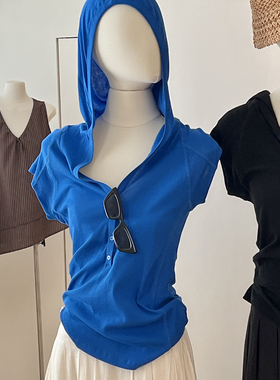 蓝色连帽t恤短袖女夏薄款正肩修身洋气v领简约休闲韩版设计感上衣