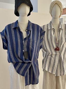 蓝色竖条纹亚麻衬衫女夏薄款小飞袖宽松老钱风松弛感气质时尚上衣
