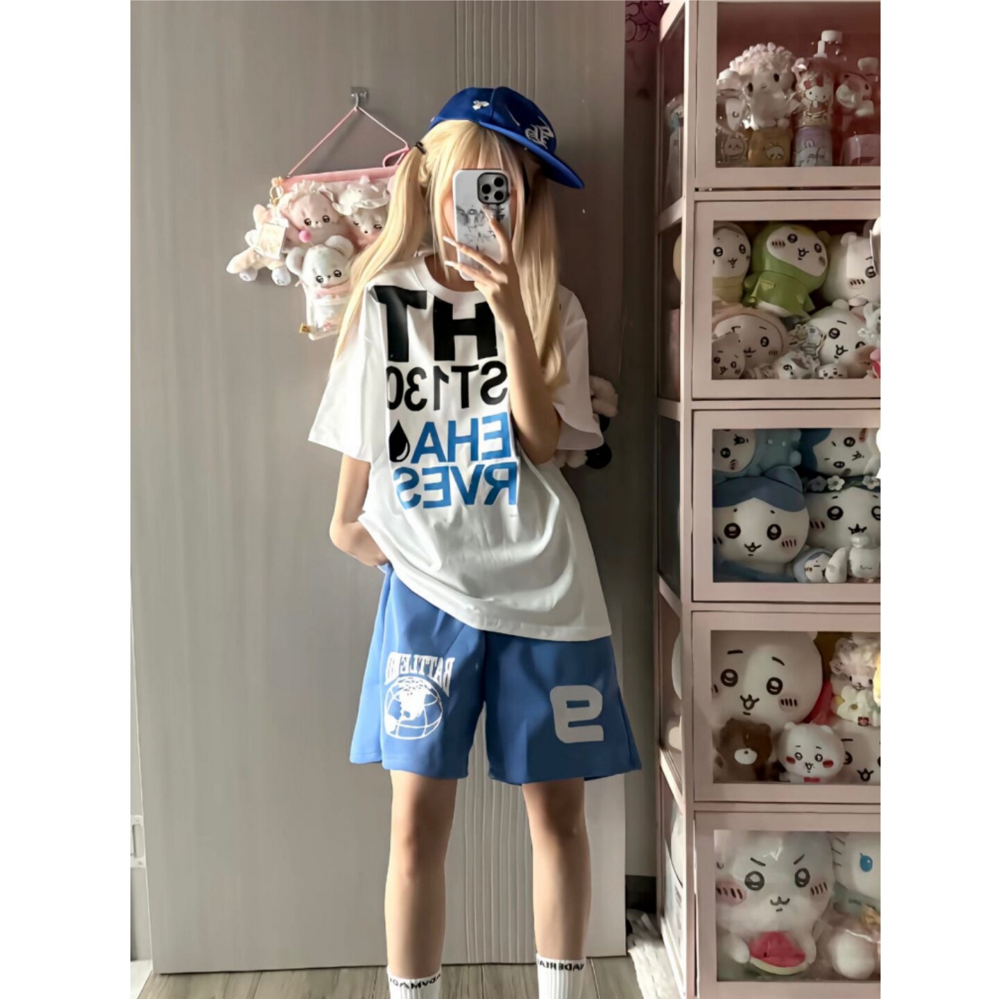 2026美式复古字母印花阔腿五分裤