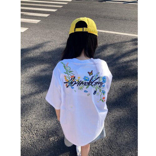 美式高街花卉刺绣纯棉短袖T恤女