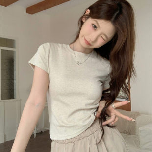 气质辣妹修身 新款 显瘦纯色百搭上衣 T恤女2026春夏季 灰色正肩短袖