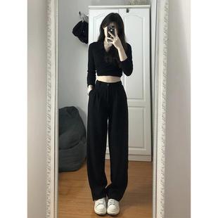 胖妹妹mm宽松直筒垂感阔腿休闲裤 女2024年新款 黑色西装 YS媛森大码