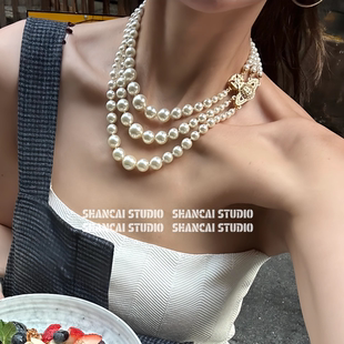 超闪 三层珍珠磁吸土星项链满钻高级感轻奢锁骨链颈链 SHANCAI