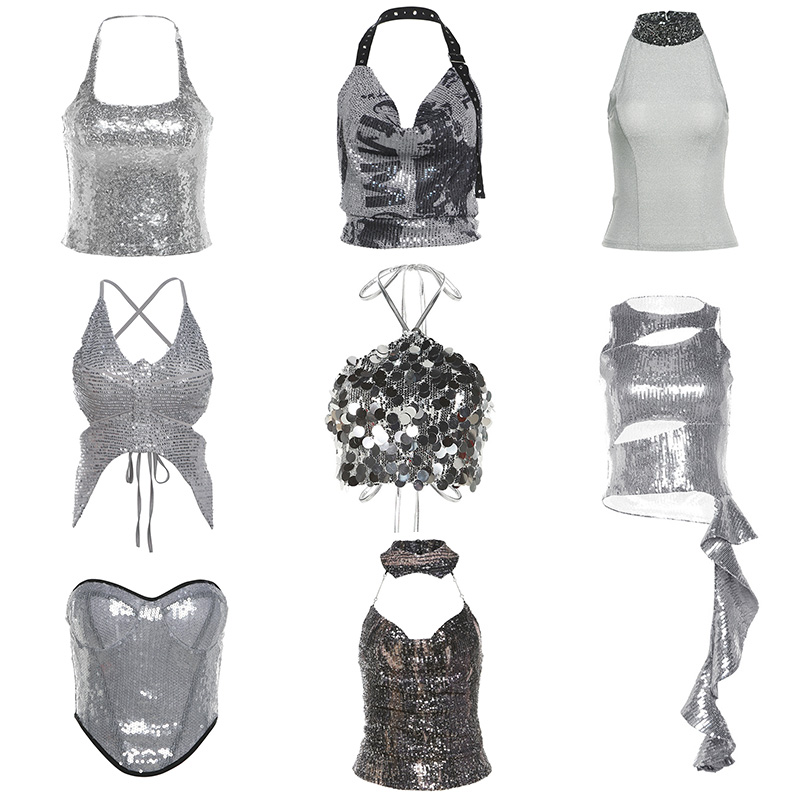 爵士舞银色鬼妍亮片背心挂脖街头