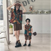 港风碎花衬衫 海边度假风母子装 背带裤 套装 炸街亲子装 母女装 夏季