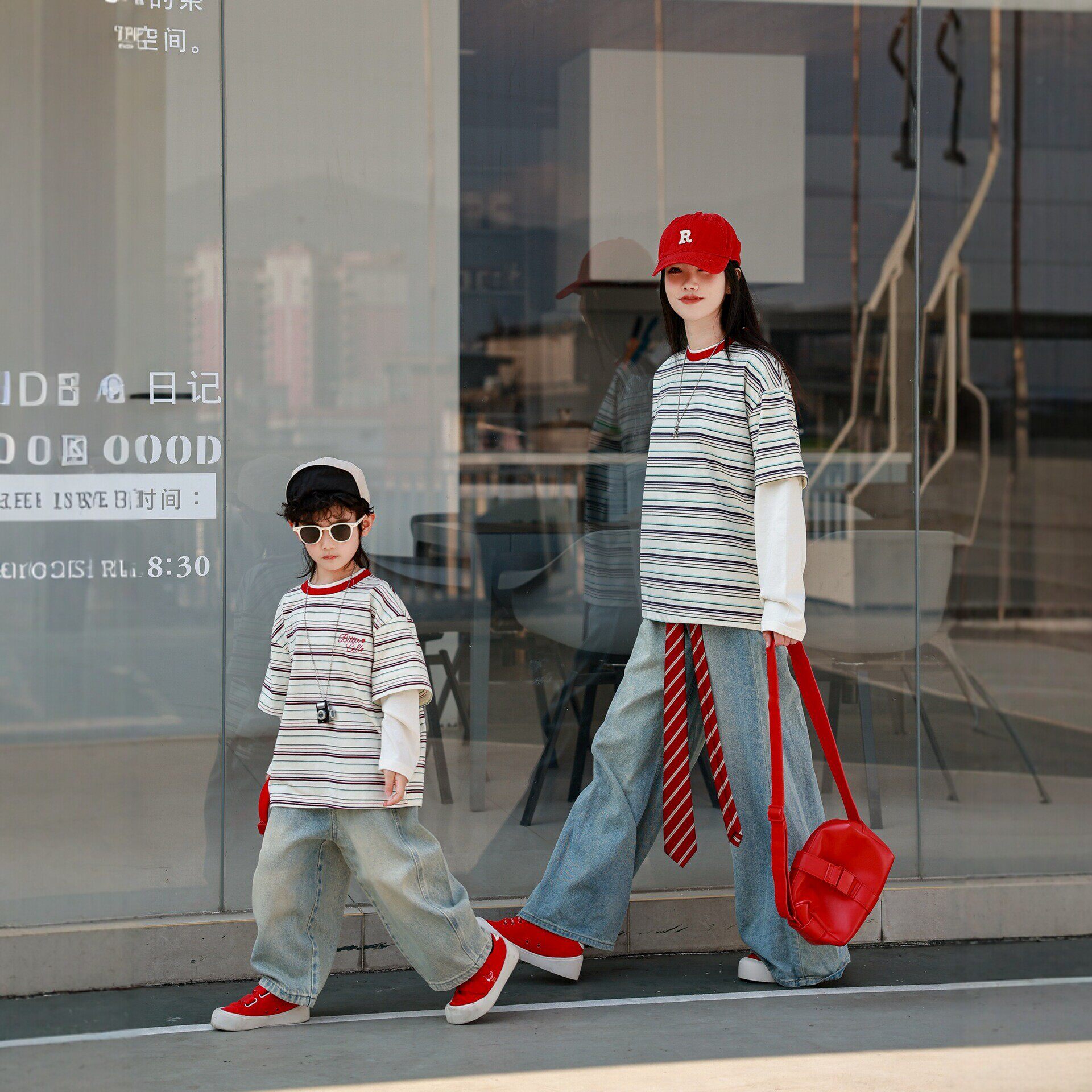 炸街亲子装母女条纹T恤宽松韩系休闲长袖儿童假两件上衣春季