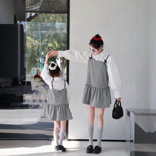 亲子装复古千鸟格公主袖衬衫