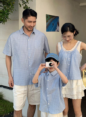 夏季炸街亲子装格子衬衫短裙套装