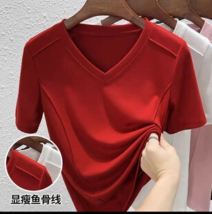 新款2024夏季鱼骨V字领法式正肩复古酒红色短袖打底上衣车T恤女