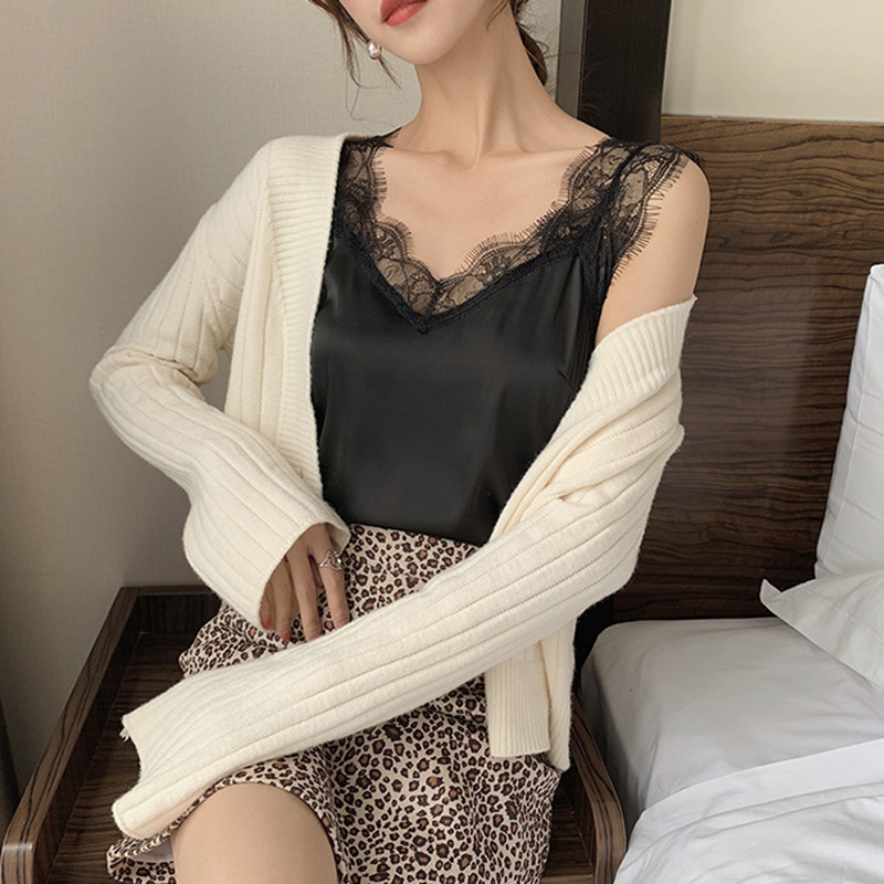 蕾丝吊带背心女外穿2019春夏无袖睫毛露背内搭V领打底衫百搭上衣