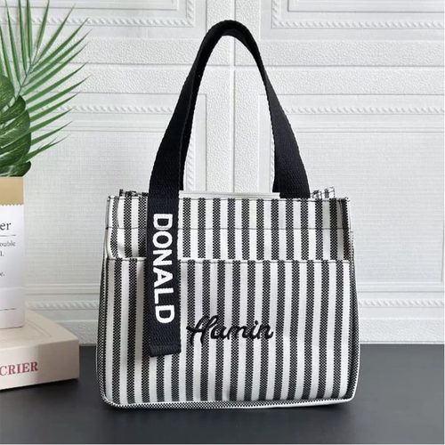 条纹拉链外口袋帆布手提包时尚女包便当包大容量妈咪包上班零食包