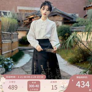 十三余小豆蔻儿[墨白·竹下听澜]2024日常黑色织金岩彩马面裙春女