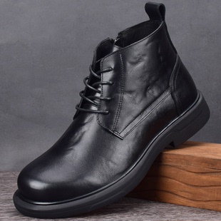 秋冬头层牛皮男士高帮皮鞋厚底中帮商务大头皮靴圆头马丁靴男真皮