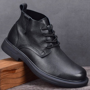 秋冬头层牛皮高帮皮鞋男真皮软面皮商务休闲鞋圆头系带马丁靴男款
