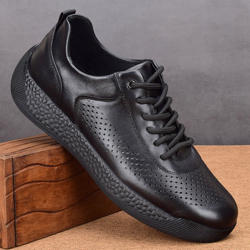 新款男鞋夏季真皮透气镂空头层牛皮男士运动鞋厚底轻便休闲跑步鞋