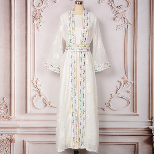 沙特阿拉伯白袍女士长袖烫钻亮片两件套连衣裙土耳其气质优雅长裙