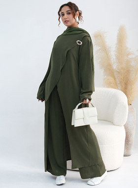 中东东南亚气质女装军绿色显瘦长裙裤子套装摩洛哥上衣长裤两件套