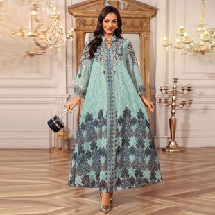 土耳其摩洛哥气质女装精致印花长连衣裙V领雪纺中东优雅显瘦长袍