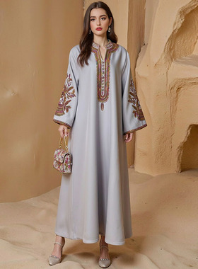 沙特阿拉伯气质女装V领绳绣长袍灰色宽松长袖连衣裙民族马来长裙