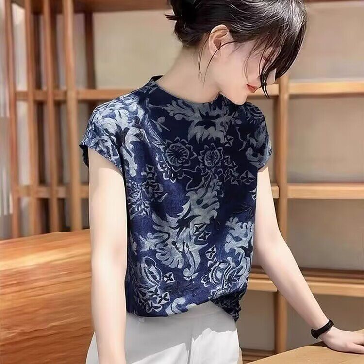 新中式复古印花宽松短袖T恤女