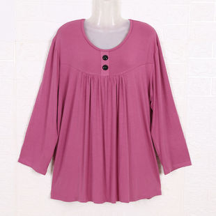 中老年春秋装莫代尔长袖T恤女宽松大码妈妈打底衫圆领奶奶装加肥