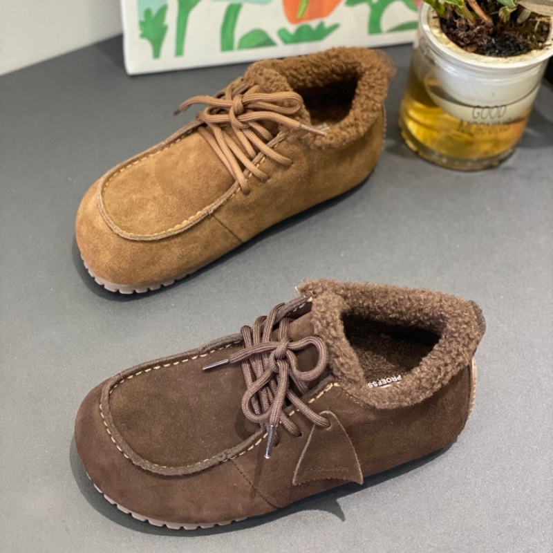 反绒皮加绒勃肯鞋女2025冬季新款皮毛一体保暖一脚蹬系带厚底棉鞋